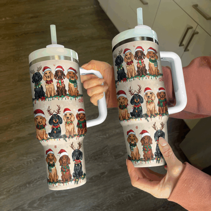 Christmas Dachshund Party Custom Stanley Quencher 40oz Stainless Steel Tumbler With Handle - Threewoofs - Image 3