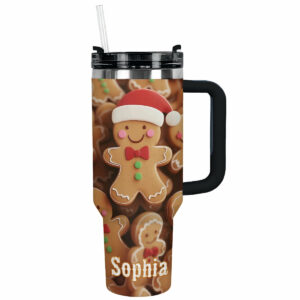 Christmas Gingerbread Cheer Custom Stanley Quencher 40oz Stainless Steel Tumbler With Handle - Threewoofs