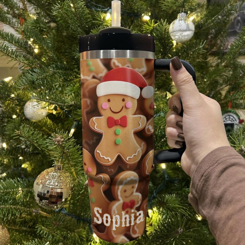 Christmas Gingerbread Cheer Custom Stanley Quencher 40oz Stainless Steel Tumbler With Handle - Threewoofs - Image 3