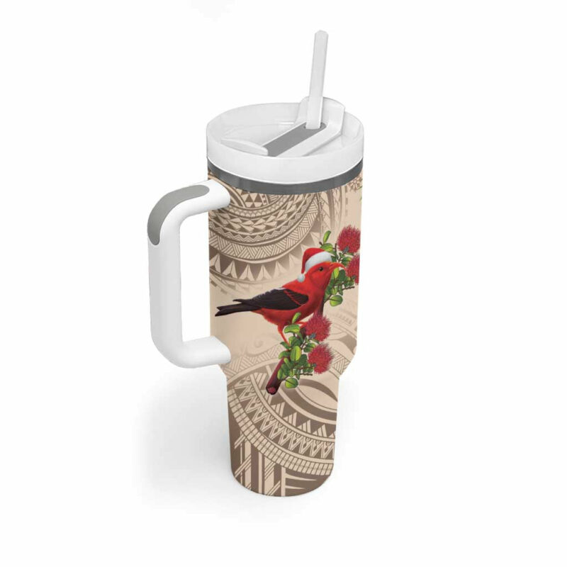 Christmas Hawaii with I‚Äôiwi Bird Aloha Mele Kalikimaka Beige Art Custom Stanley Quencher 40oz Stainless Steel Tumbler With Handle - Threewoofs - Image 2