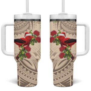 Christmas Hawaii with I‚Äôiwi Bird Aloha Mele Kalikimaka Beige Art Custom Stanley Quencher 40oz Stainless Steel Tumbler With Handle - Threewoofs
