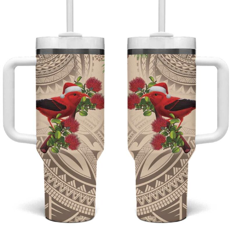 Christmas Hawaii with I‚Äôiwi Bird Aloha Mele Kalikimaka Beige Art Custom Stanley Quencher 40oz Stainless Steel Tumbler With Handle - Threewoofs