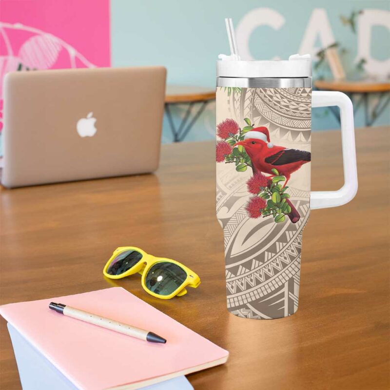 Christmas Hawaii with I‚Äôiwi Bird Aloha Mele Kalikimaka Beige Art Custom Stanley Quencher 40oz Stainless Steel Tumbler With Handle - Threewoofs - Image 5