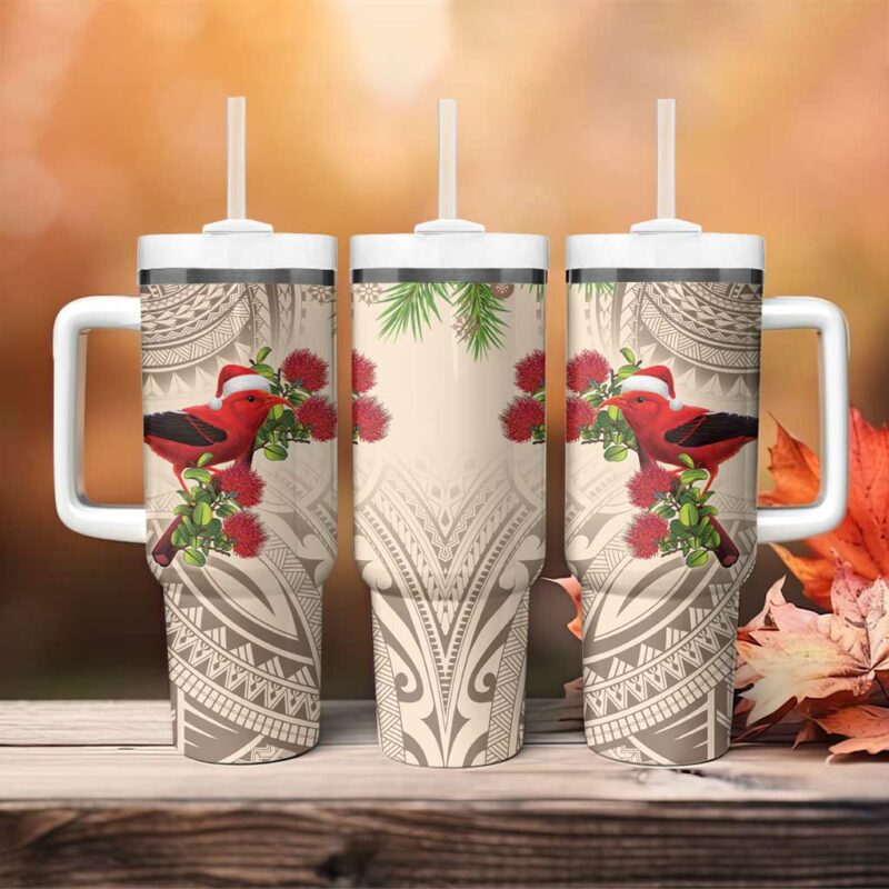Christmas Hawaii with I‚Äôiwi Bird Aloha Mele Kalikimaka Beige Art Custom Stanley Quencher 40oz Stainless Steel Tumbler With Handle - Threewoofs - Image 4