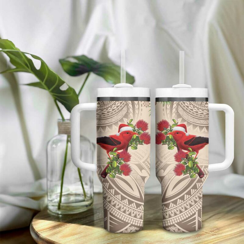 Christmas Hawaii with I‚Äôiwi Bird Aloha Mele Kalikimaka Beige Art Custom Stanley Quencher 40oz Stainless Steel Tumbler With Handle - Threewoofs - Image 9