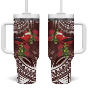 Christmas Hawaii with I‚Äôiwi Bird Aloha Mele Kalikimaka Oxblood Art Custom Stanley Quencher 40oz Stainless Steel Tumbler With Handle - Threewoofs