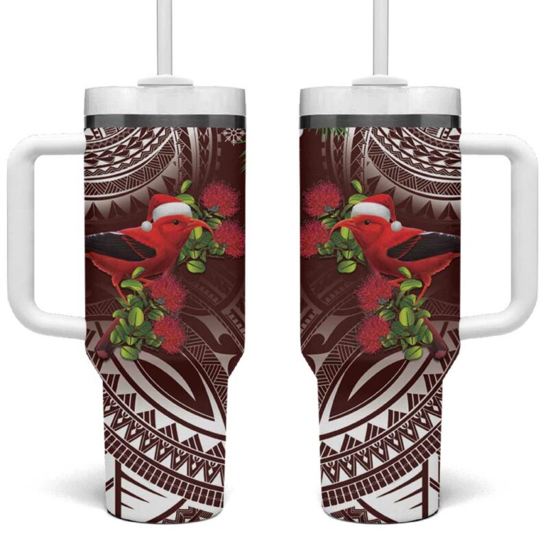 Christmas Hawaii with I‚Äôiwi Bird Aloha Mele Kalikimaka Oxblood Art Custom Stanley Quencher 40oz Stainless Steel Tumbler With Handle - Threewoofs