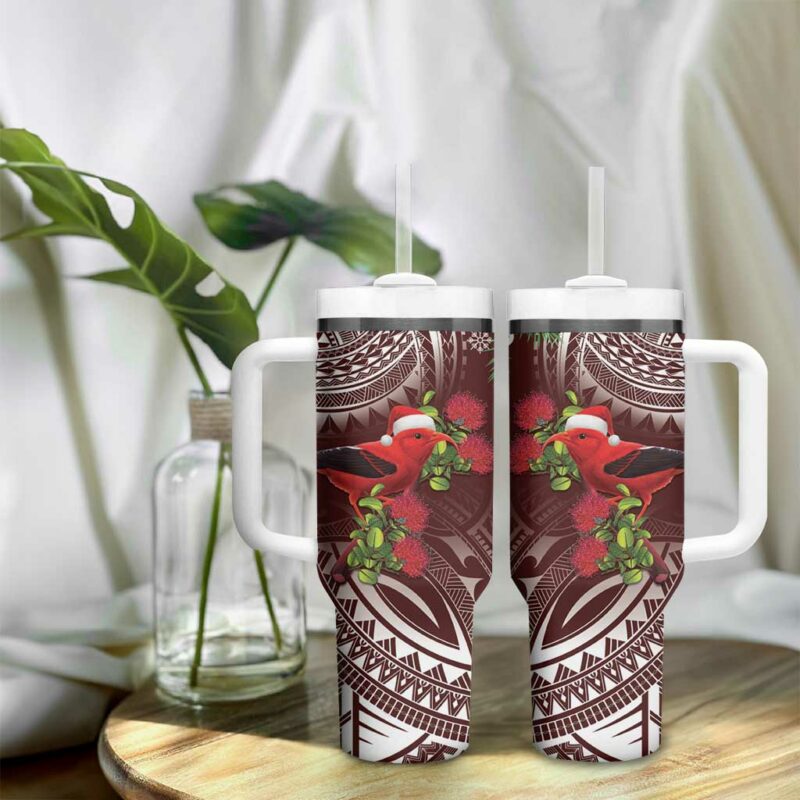 Christmas Hawaii with I‚Äôiwi Bird Aloha Mele Kalikimaka Oxblood Art Custom Stanley Quencher 40oz Stainless Steel Tumbler With Handle - Threewoofs - Image 9