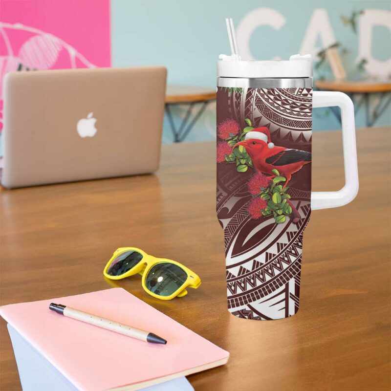 Christmas Hawaii with I‚Äôiwi Bird Aloha Mele Kalikimaka Oxblood Art Custom Stanley Quencher 40oz Stainless Steel Tumbler With Handle - Threewoofs - Image 5