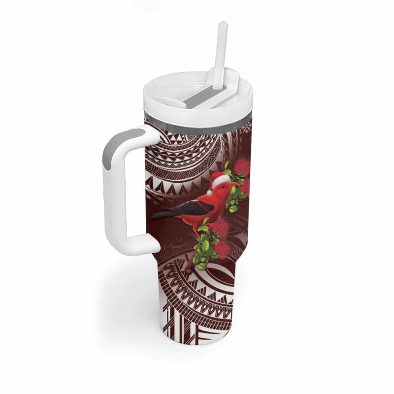 Christmas Hawaii with I‚Äôiwi Bird Aloha Mele Kalikimaka Oxblood Art Custom Stanley Quencher 40oz Stainless Steel Tumbler With Handle - Threewoofs - Image 2