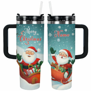 Christmas Jolly Santa Sleigh Ride Custom Stanley Quencher 40oz Stainless Steel Tumbler With Handle - Threewoofs