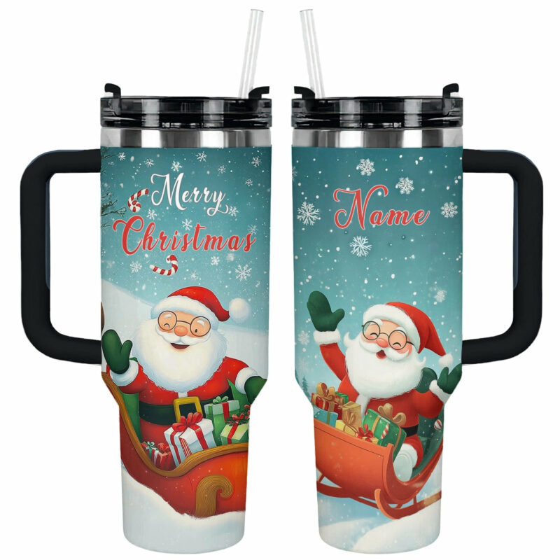 Christmas Jolly Santa Sleigh Ride Custom Stanley Quencher 40oz Stainless Steel Tumbler With Handle - Threewoofs