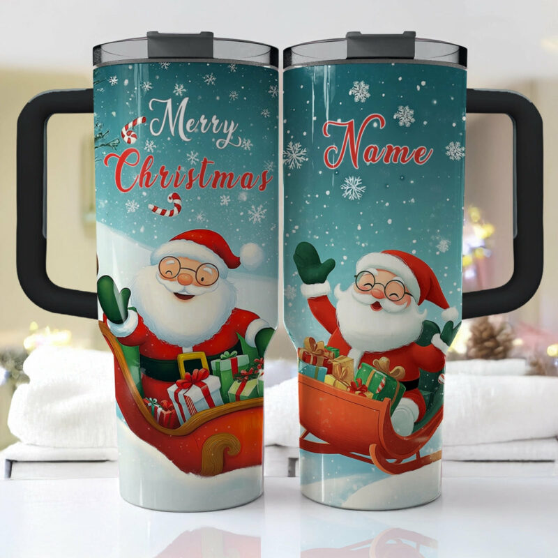 Christmas Jolly Santa Sleigh Ride Custom Stanley Quencher 40oz Stainless Steel Tumbler With Handle - Threewoofs - Image 2
