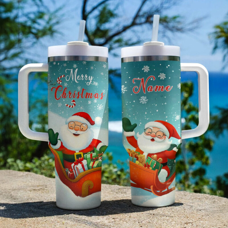 Christmas Jolly Santa Sleigh Ride Custom Stanley Quencher 40oz Stainless Steel Tumbler With Handle - Threewoofs - Image 3