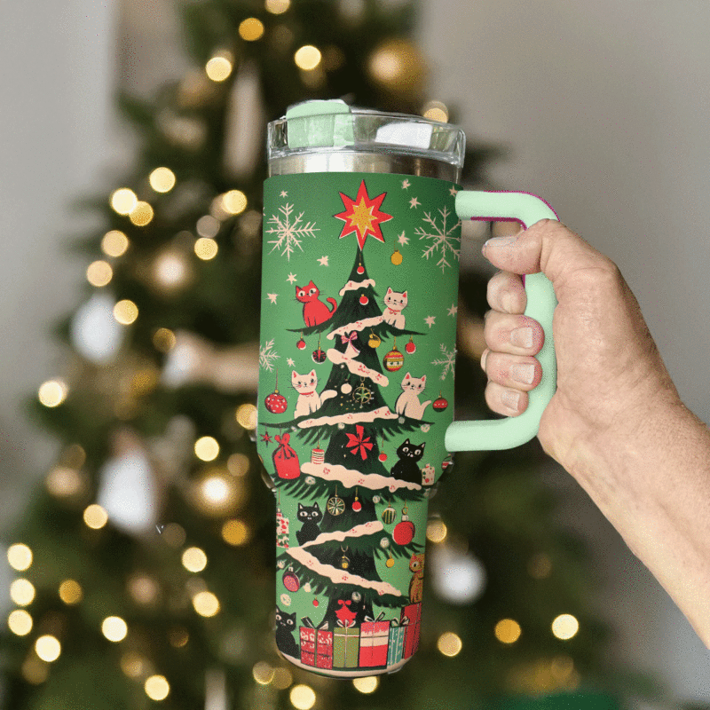 Christmas Kitty Tree Custom Stanley Quencher 40oz Stainless Steel Tumbler With Handle - Threewoofs - Image 2