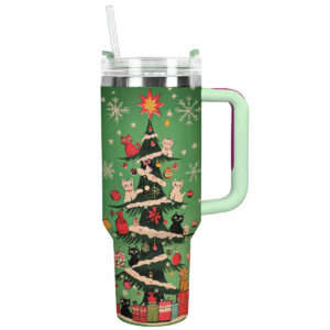 Christmas Kitty Tree Custom Stanley Quencher 40oz Stainless Steel Tumbler With Handle - Threewoofs