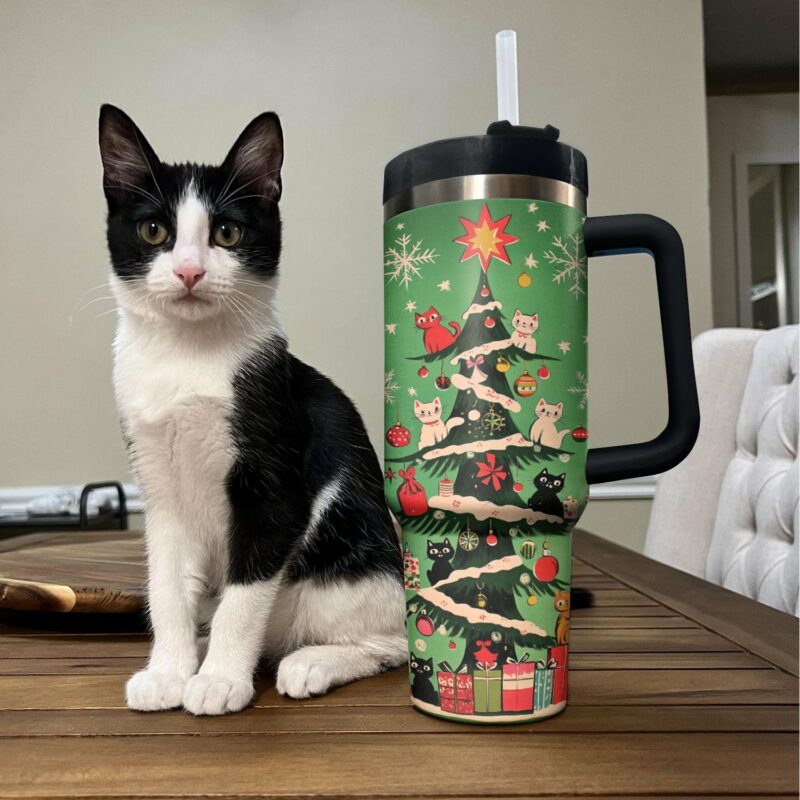 Christmas Kitty Tree Custom Stanley Quencher 40oz Stainless Steel Tumbler With Handle - Threewoofs - Image 3