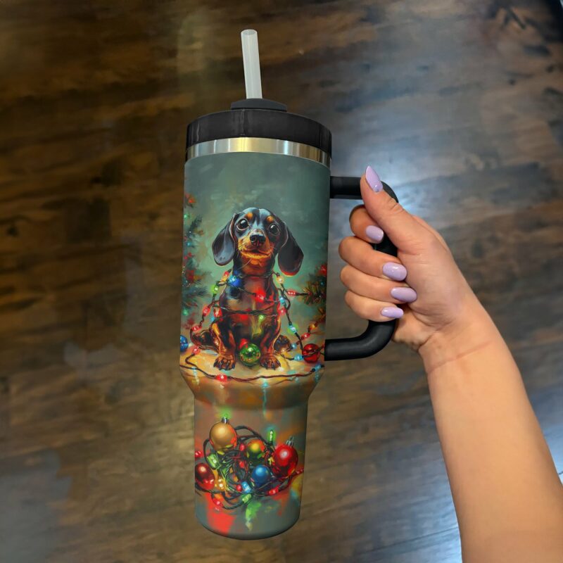 Christmas Lights Dachshund Custom Stanley Quencher 40oz Stainless Steel Tumbler With Handle - Threewoofs - Image 3