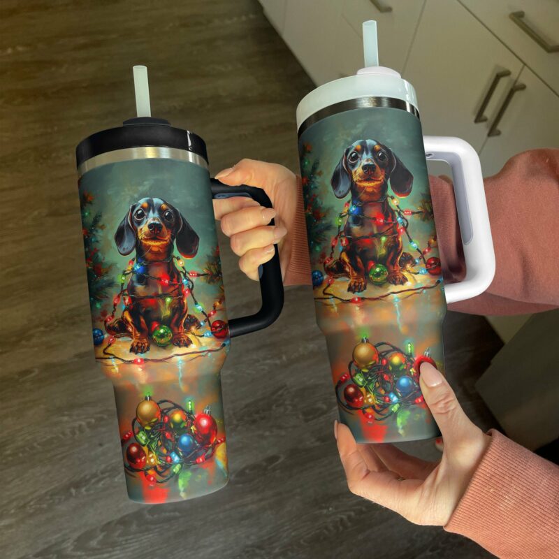 Christmas Lights Dachshund Custom Stanley Quencher 40oz Stainless Steel Tumbler With Handle - Threewoofs - Image 2