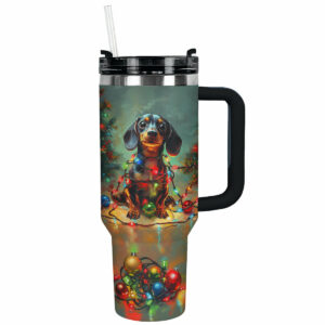 Christmas Lights Dachshund Custom Stanley Quencher 40oz Stainless Steel Tumbler With Handle - Threewoofs