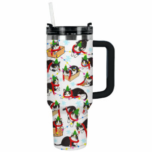 Christmas Naughty Tuxedo Cat Custom Stanley Quencher 40oz Stainless Steel Tumbler With Handle - Threewoofs
