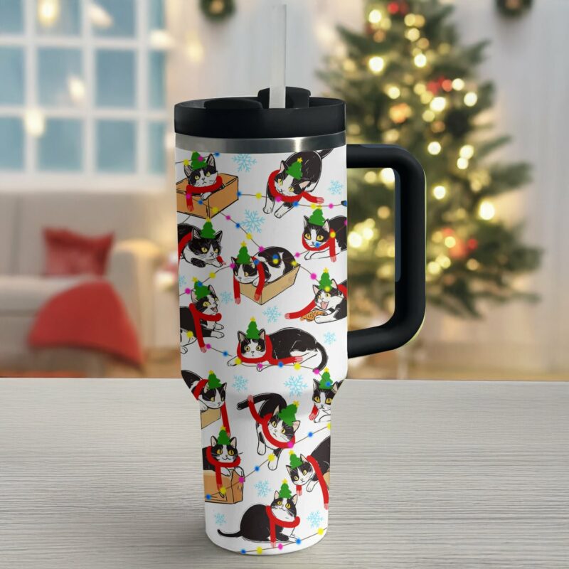 Christmas Naughty Tuxedo Cat Custom Stanley Quencher 40oz Stainless Steel Tumbler With Handle - Threewoofs - Image 3