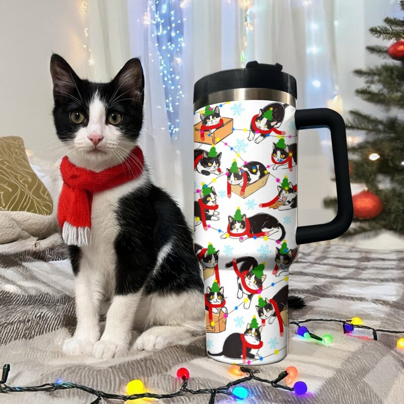 Christmas Naughty Tuxedo Cat Custom Stanley Quencher 40oz Stainless Steel Tumbler With Handle - Threewoofs - Image 2