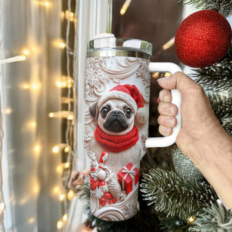 Christmas Puggy Custom Stanley Quencher 40oz Stainless Steel Tumbler With Handle - Threewoofs - Image 3