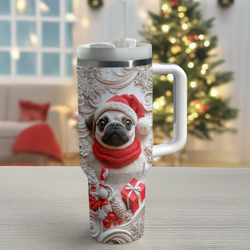 Christmas Puggy Custom Stanley Quencher 40oz Stainless Steel Tumbler With Handle - Threewoofs - Image 2