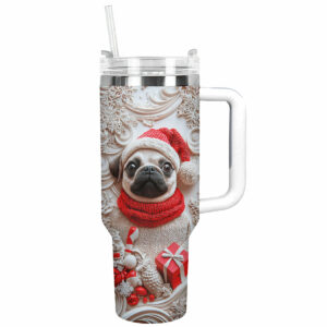 Christmas Puggy Custom Stanley Quencher 40oz Stainless Steel Tumbler With Handle - Threewoofs