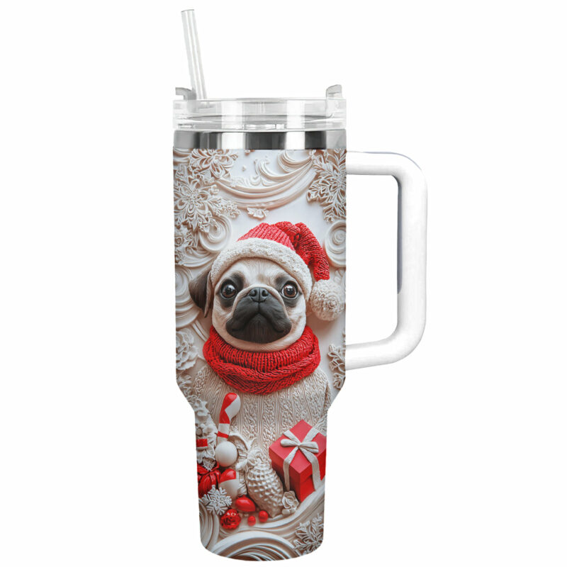 Christmas Puggy Custom Stanley Quencher 40oz Stainless Steel Tumbler With Handle - Threewoofs
