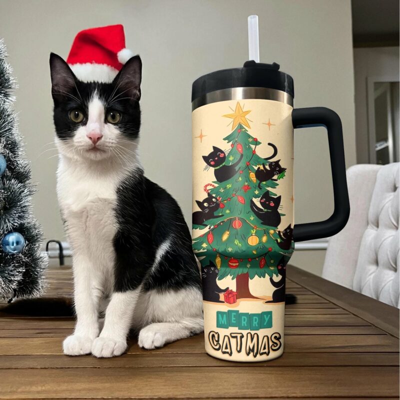 Christmas Purrfect Merry Catmas Custom Stanley Quencher 40oz Stainless Steel Tumbler With Handle - Threewoofs - Image 2