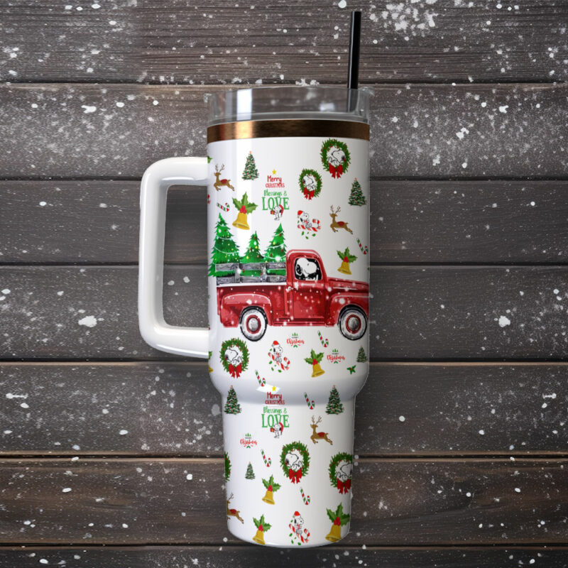 Christmas Red Trucks Trees Custom Stanley Quencher 40oz Stainless Steel Tumbler With Handle - Threewoofs - Image 2
