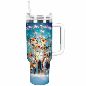 Christmas Reindeer Cheer Custom Stanley Quencher 40oz Stainless Steel Tumbler With Handle - Threewoofs