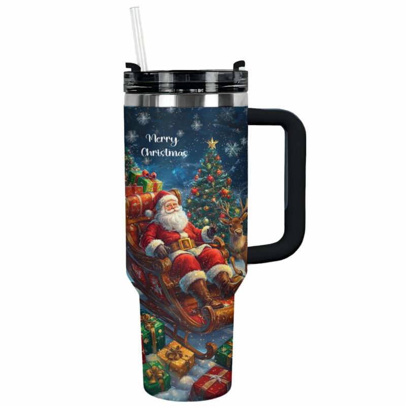 Christmas Santa‚Äôs Sleigh Custom Stanley Quencher 40oz Stainless Steel Tumbler With Handle - Threewoofs