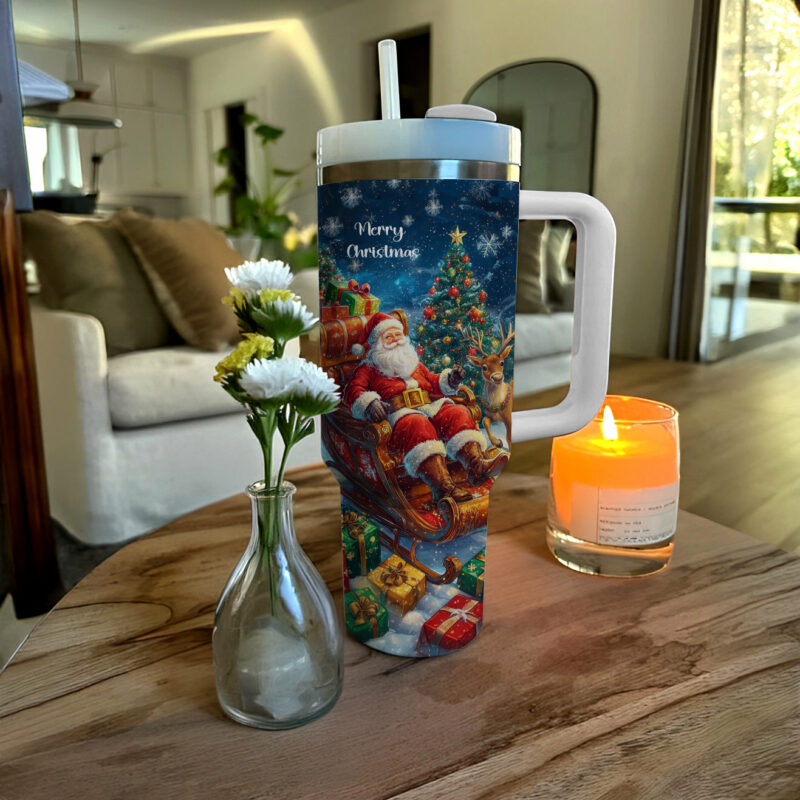 Christmas Santa‚Äôs Sleigh Custom Stanley Quencher 40oz Stainless Steel Tumbler With Handle - Threewoofs - Image 3