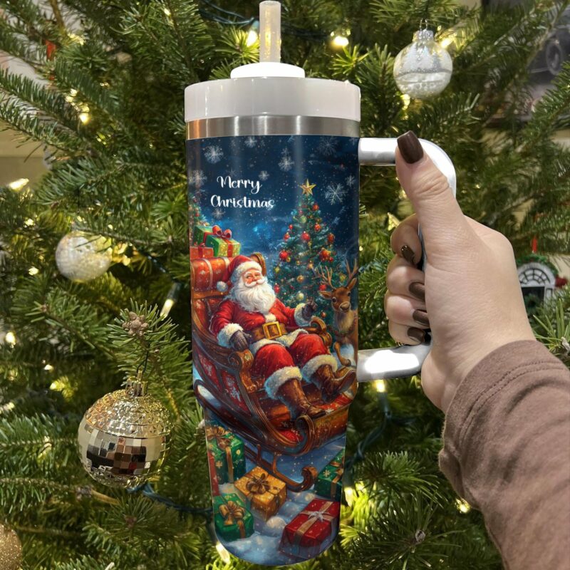 Christmas Santa‚Äôs Sleigh Custom Stanley Quencher 40oz Stainless Steel Tumbler With Handle - Threewoofs - Image 2