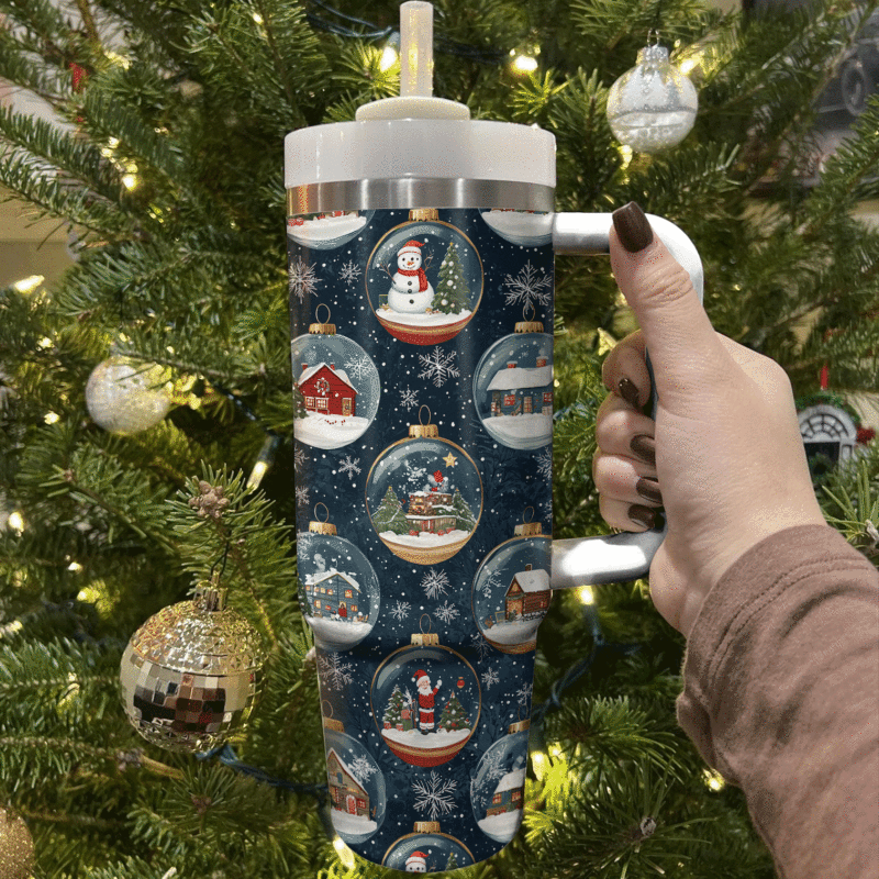 Christmas Snow Globes Custom Stanley Quencher 40oz Stainless Steel Tumbler With Handle - Threewoofs - Image 3