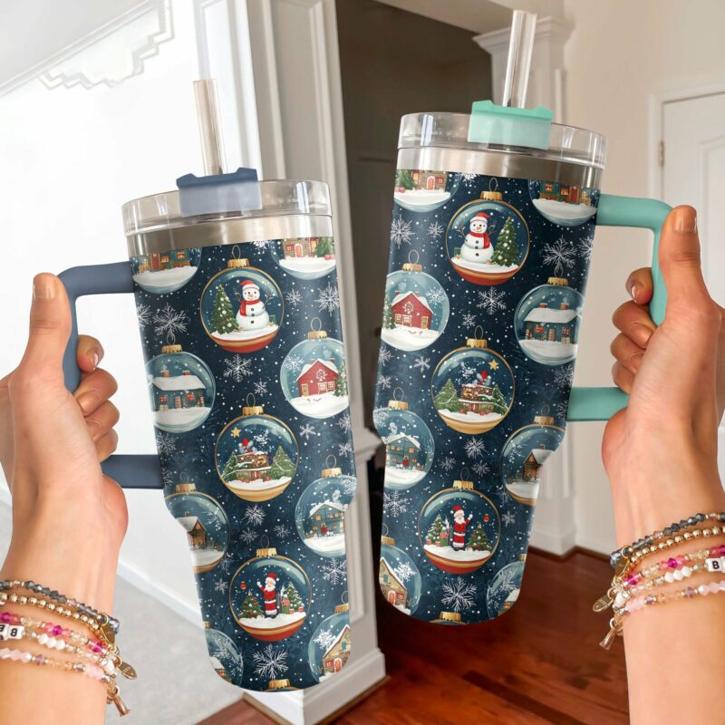 Christmas Snow Globes Custom Stanley Quencher 40oz Stainless Steel Tumbler With Handle - Threewoofs - Image 2