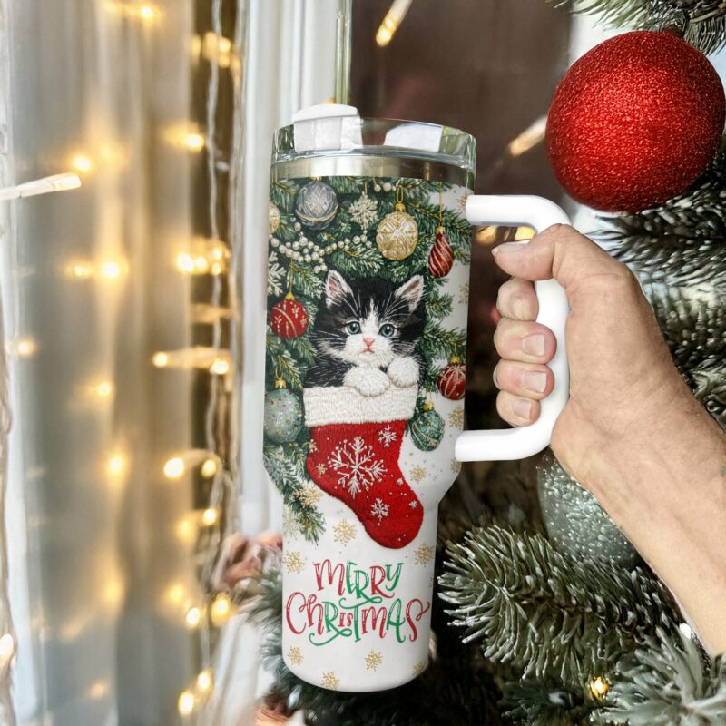 Christmas Stocking Kitten Custom Stanley Quencher 40oz Stainless Steel Tumbler With Handle - Threewoofs - Image 3