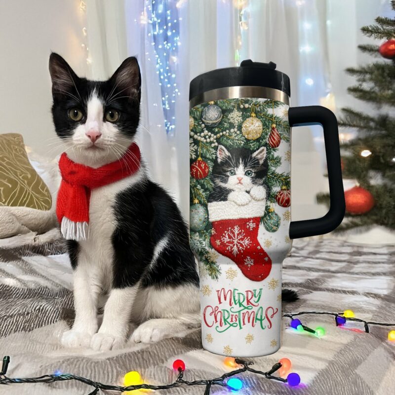 Christmas Stocking Kitten Custom Stanley Quencher 40oz Stainless Steel Tumbler With Handle - Threewoofs - Image 2