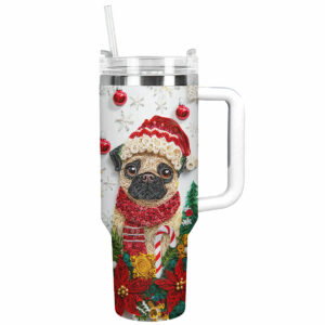 Christmas Winter Pug Custom Stanley Quencher 40oz Stainless Steel Tumbler With Handle - Threewoofs