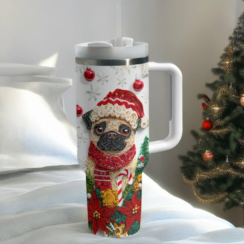Christmas Winter Pug Custom Stanley Quencher 40oz Stainless Steel Tumbler With Handle - Threewoofs - Image 2