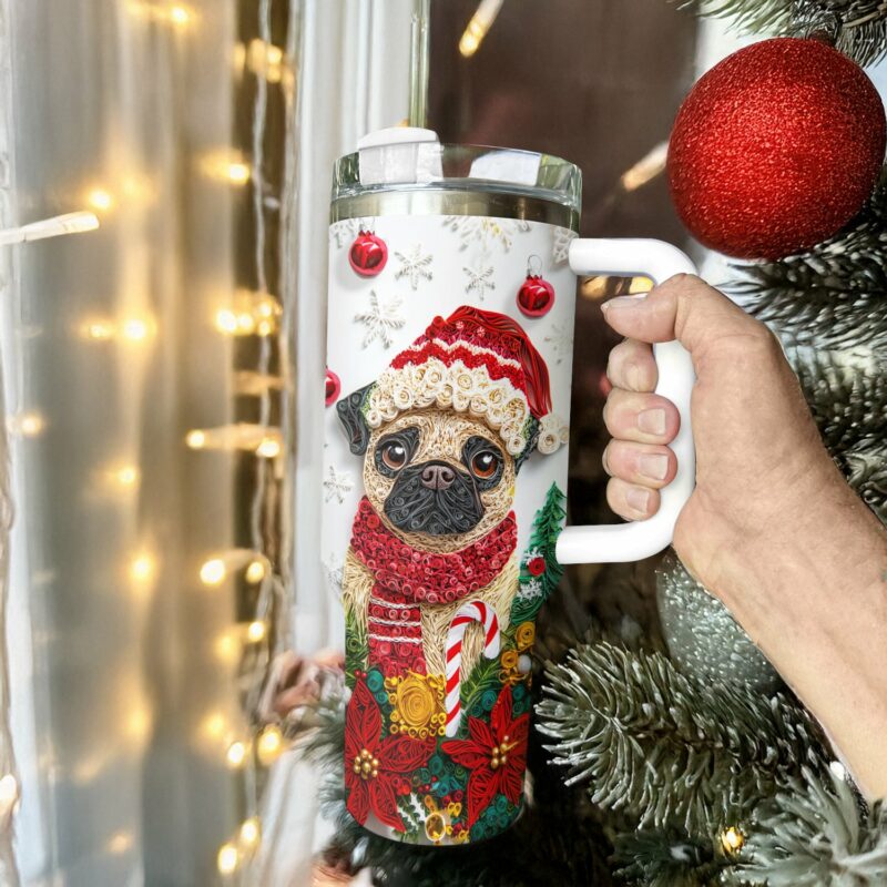 Christmas Winter Pug Custom Stanley Quencher 40oz Stainless Steel Tumbler With Handle - Threewoofs - Image 3