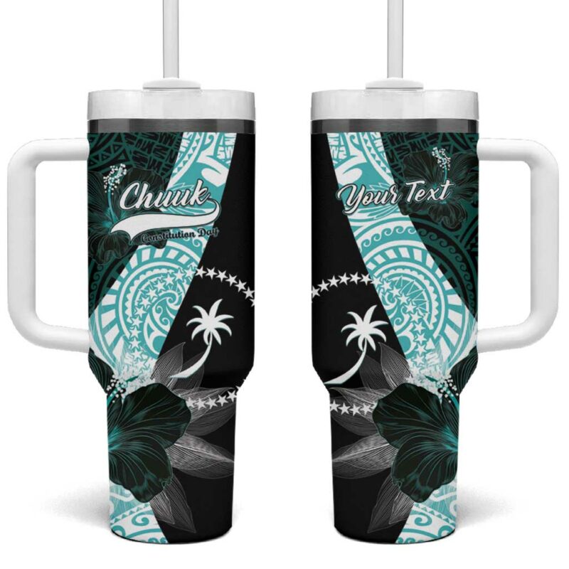 Chuuk Constitution Day Hibiscus Turquoise Custom Stanley Quencher 40oz Stainless Steel Tumbler With Handle - Threewoofs