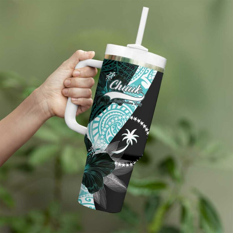Chuuk Constitution Day Hibiscus Turquoise Custom Stanley Quencher 40oz Stainless Steel Tumbler With Handle - Threewoofs - Image 3