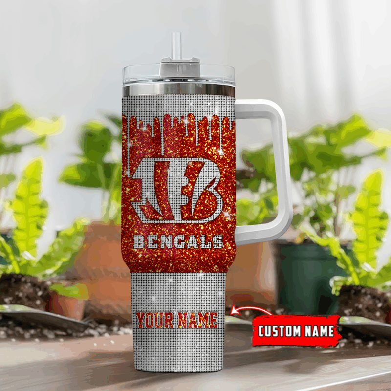 Cincinnati Bengals NFL Glitter Custom Stanley Quencher 40oz Stainless Steel Tumbler With Handle - Threewoofs - Image 2
