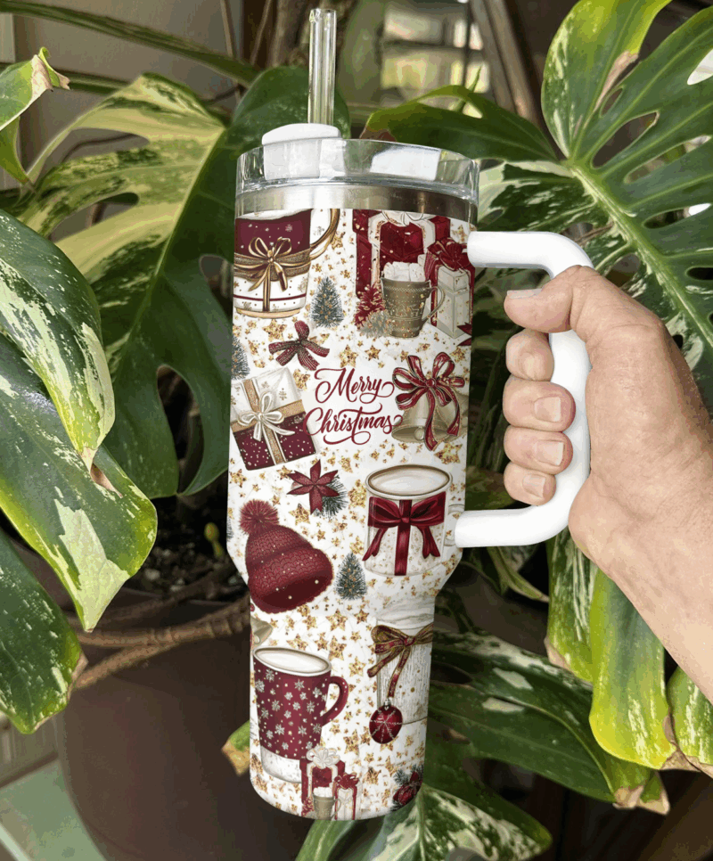 Classic Crimson Christmas Custom Stanley Quencher 40oz Stainless Steel Tumbler With Handle - Threewoofs - Image 3