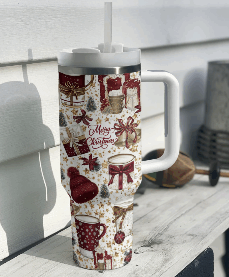 Classic Crimson Christmas Custom Stanley Quencher 40oz Stainless Steel Tumbler With Handle - Threewoofs - Image 2