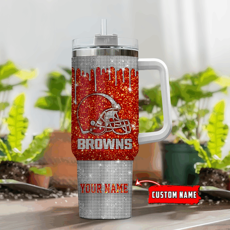 Cleveland Browns NFL Glitter Custom Stanley Quencher 40oz Stainless Steel Tumbler With Handle - Threewoofs - Image 2
